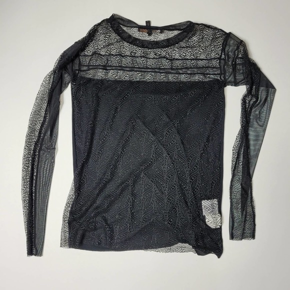 BCBGMaxAzria Women's Lace Sheer Lexi Top Long Sleeve Mesh Black Size Small - Picture 3 of 12